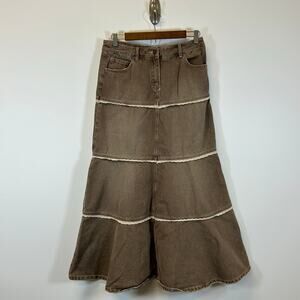 Vintage Y2K Brown Tiered Denim Maxi Skirt Boho Cottagecore Women’s M